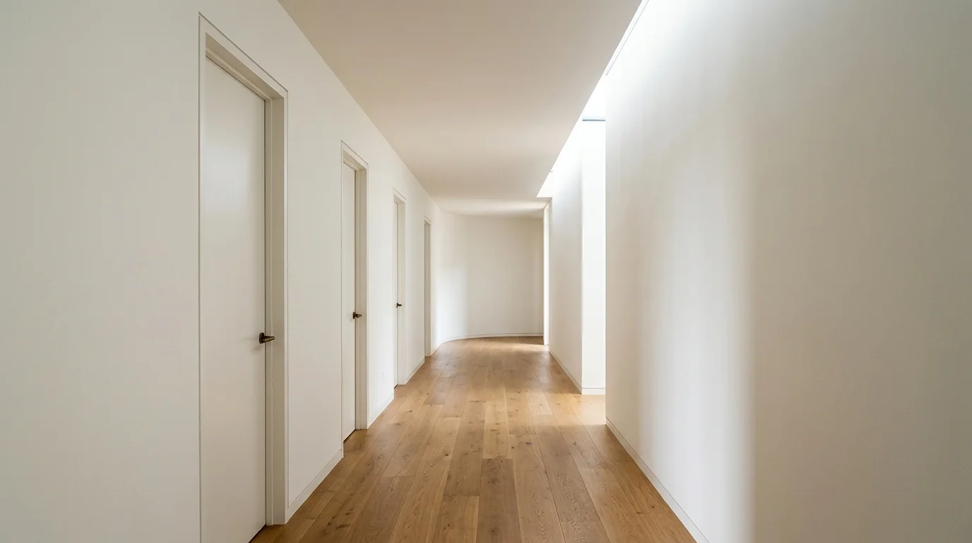 A finished residential hallway with a smooth, closed ceiling and neutral walls, illuminated by soft daylight.