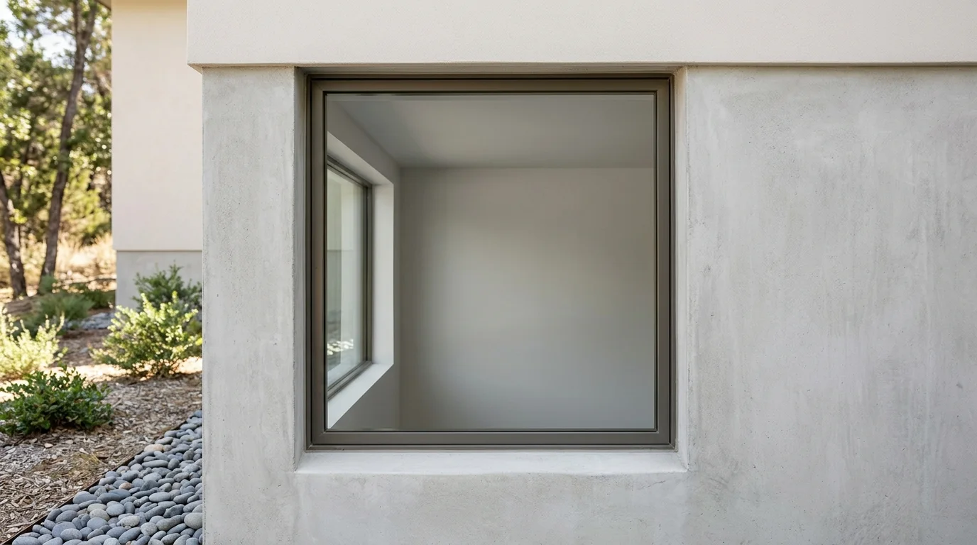 A tightly cropped view of a closed window in a clean, finished house foundation, illuminated by daylight.