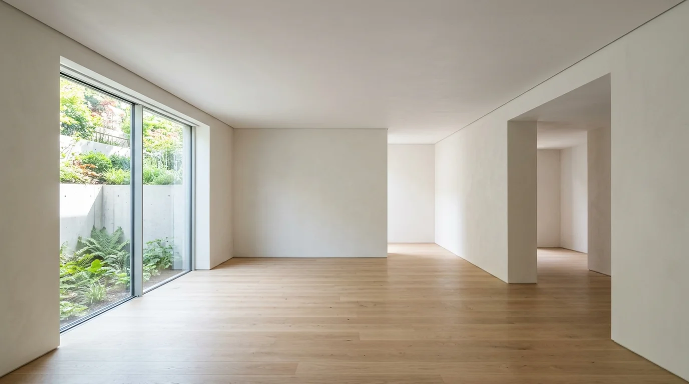 An empty, finished basement room with a smooth, closed ceiling and neutral walls, illuminated by daylight from a window.