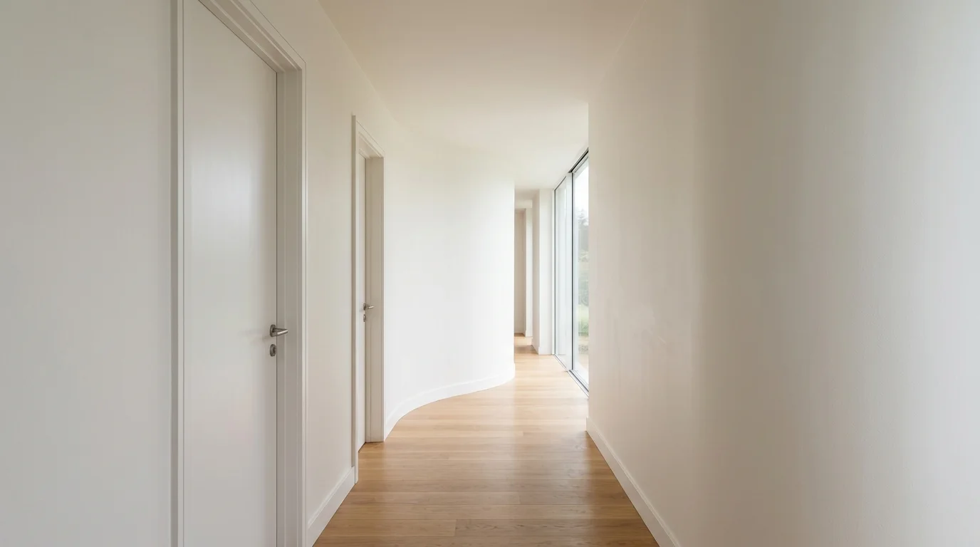 A clean, finished residential hallway with smooth walls and a closed ceiling, brightened by natural daylight.