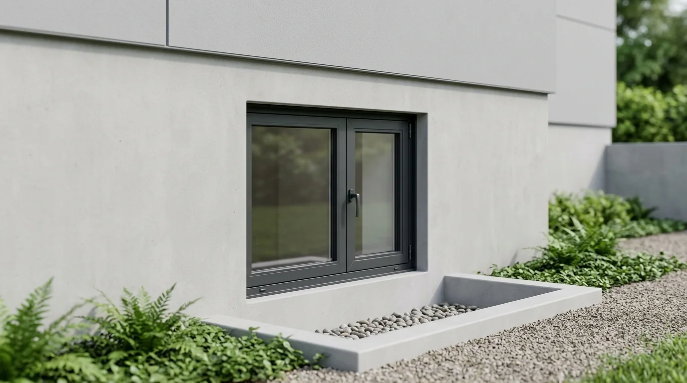 A tightly cropped exterior view of a closed window set into a clean house foundation, bathed in natural daylight.