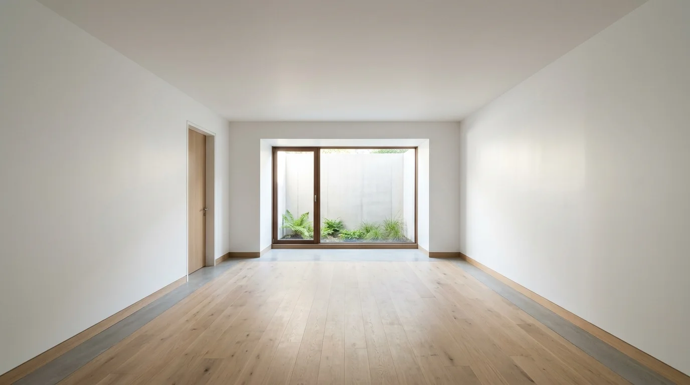 An empty, finished basement room with smooth walls and a closed ceiling, illuminated by natural daylight.